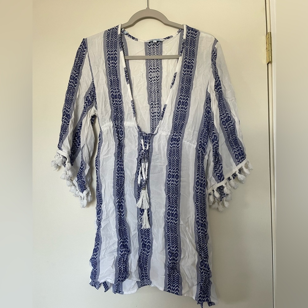 Blue and white printed striped beach cover up size L